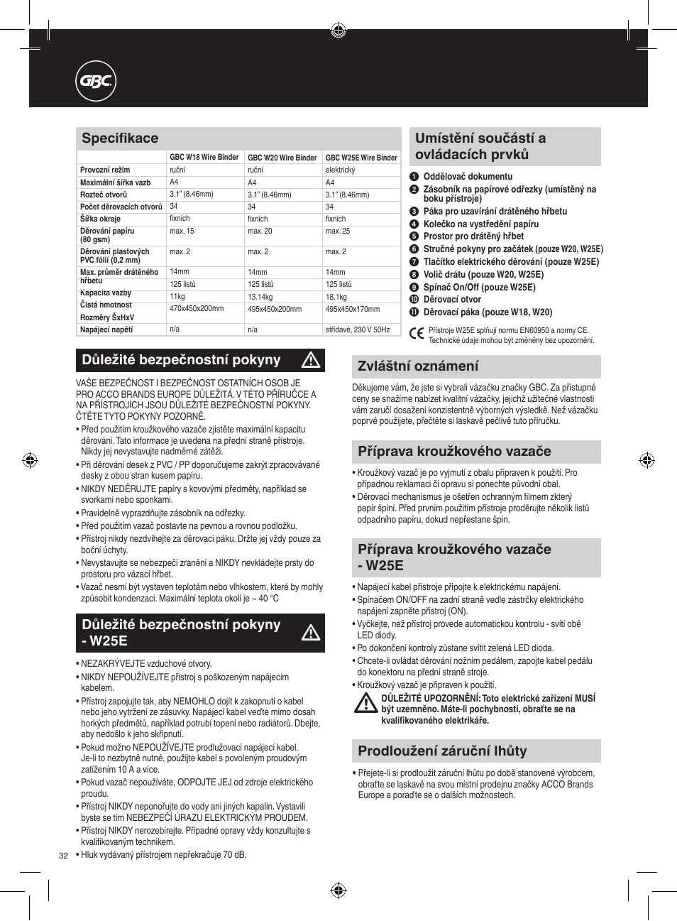 Umístění součástí a ovládacích prvků, Zvláštní oznámení, Prodloužení záruční lhůty | Důležité bezpečnostní pokyny, Příprava kroužkového vazače, Důležité bezpečnostní pokyny - w25e, Příprava kroužkového vazače - w25e, Specifikace | GBC W25E WireBind User Manual | Page 32 / 38