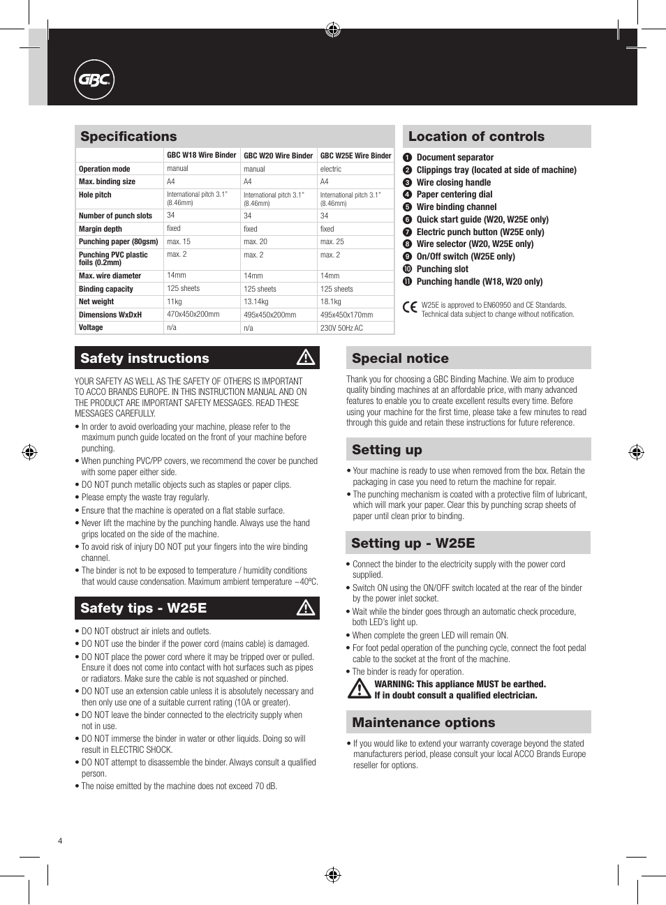 Location of controls, Special notice, Safety instructions | Setting up, Safety tips - w25e, Setting up - w25e, Maintenance options, Specifications | GBC W25E WireBind User Manual | Page 4 / 38