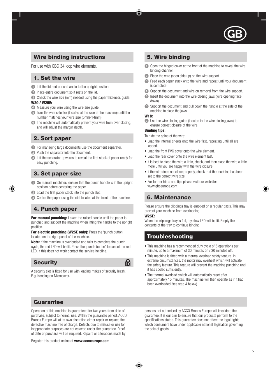 Guarantee, Wire binding instructions, Set the wire | Troubleshooting, Sort paper, Set paper size, Punch paper, Wire binding, Maintenance, Security | GBC W25E WireBind User Manual | Page 5 / 38