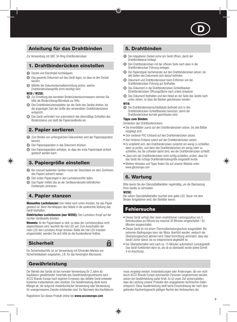 Anleitung für das drahtbinden, Drahtbinderücken einstellen, Drahtbinden | Gewährleistung, Fehlersuche, Papier sortieren, Papiergröße einstellen, Papier stanzen, Wartung, Sicherheit | GBC W25E WireBind User Manual | Page 9 / 38