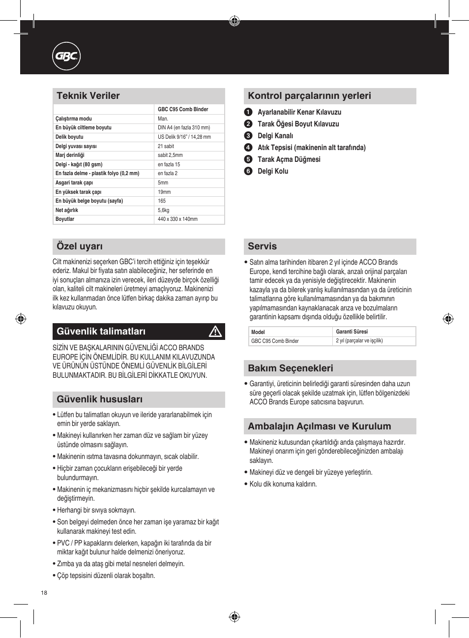 Ambalajın açılması ve kurulum, Teknik veriler, Bakım seçenekleri | Kontrol parçalarının yerleri, Özel uyarı, Güvenlik talimatları, Güvenlik hususları, Servis | GBC C95 Comb Binder User Manual | Page 18 / 38