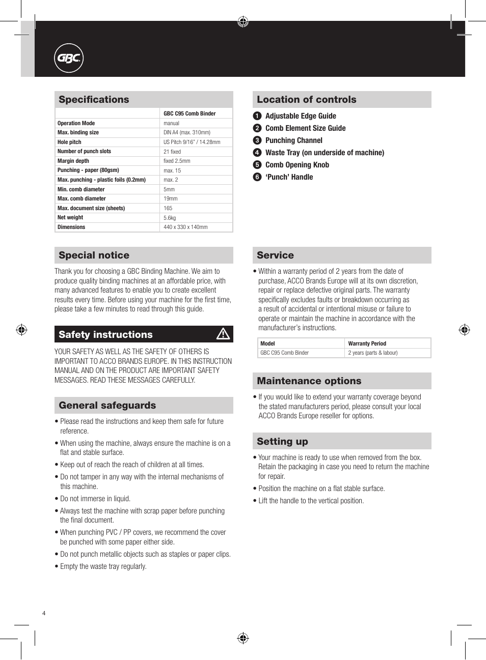 GBC C95 Comb Binder User Manual | Page 4 / 38