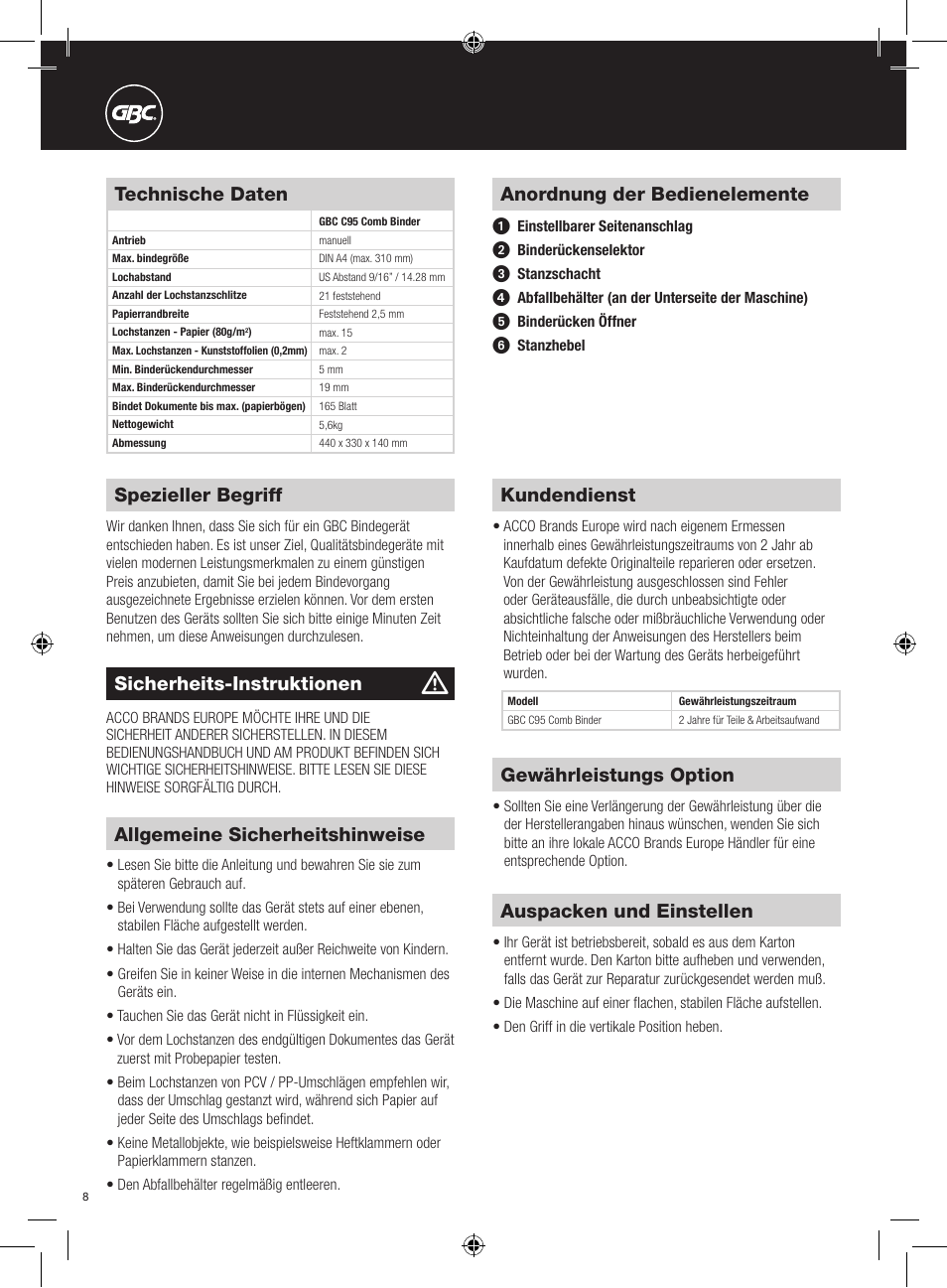 Allgemeine sicherheitshinweise, Auspacken und einstellen, Technische daten | Kundendienst, Anordnung der bedienelemente, Spezieller begriff, Sicherheits-instruktionen, Gewährleistungs option | GBC C95 Comb Binder User Manual | Page 8 / 38