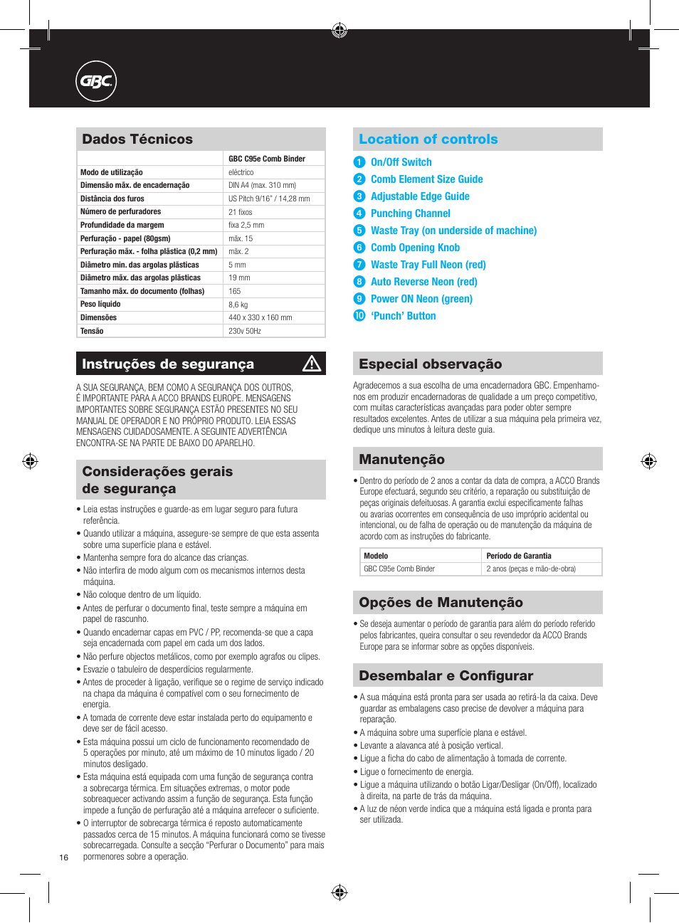 Desembalar e configurar, Location of controls, Dados técnicos | Especial observação, Instruções de segurança, Opções de manutenção, Manutenção, Considerações gerais de segurança | GBC C95e Comb Binder User Manual | Page 16 / 38