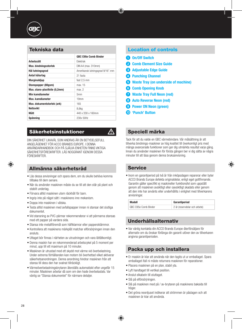 Packa upp och installera, Location of controls, Tekniska data | Säkerhetsinstuktioner, Speciell märka, Underhållsalternativ, Service, Allmänna säkerhetsråd | GBC C95e Comb Binder User Manual | Page 28 / 38