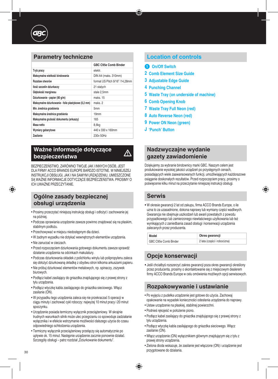 Rozpakowywanie i ustawianie, Location of controls, Parametry techniczne | Opcje konserwacji, Serwis, Ogólne zasady bezpiecznej obsługi urządzenia | GBC C95e Comb Binder User Manual | Page 30 / 38