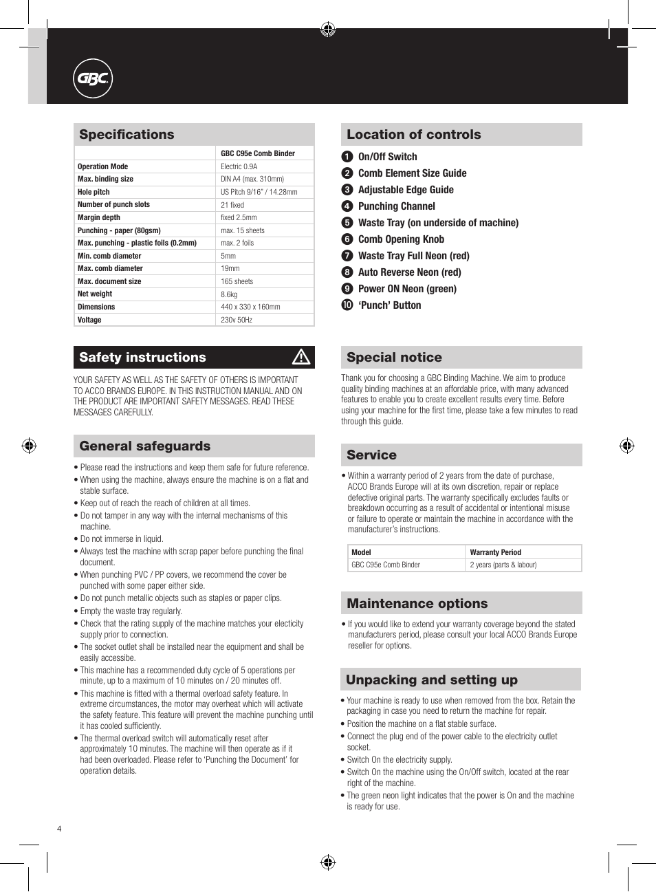 Special notice, General safeguards, Unpacking and setting up | Safety instructions, Service, Maintenance options, Location of controls, Specifications | GBC C95e Comb Binder User Manual | Page 4 / 38