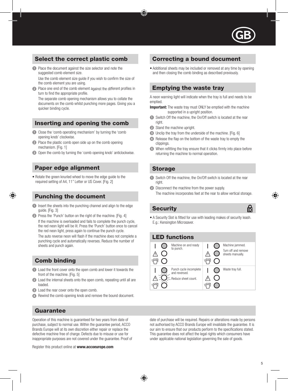Guarantee, Paper edge alignment, Select the correct plastic comb | Comb binding, Emptying the waste tray, Storage, Inserting and opening the comb, Punching the document, Security, Correcting a bound document | GBC C95e Comb Binder User Manual | Page 5 / 38