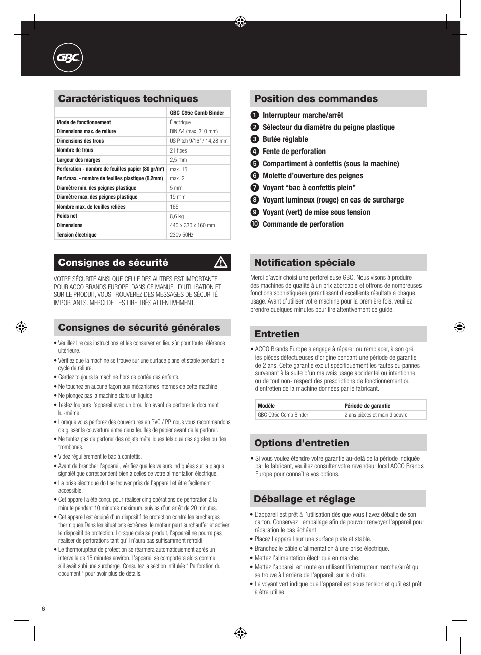 Déballage et réglage, Entretien, Options d’entretien | Position des commandes, Caractéristiques techniques, Consignes de sécurité, Consignes de sécurité générales, Notification spéciale | GBC C95e Comb Binder User Manual | Page 6 / 38