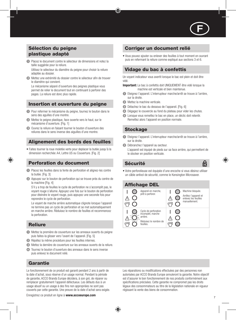 Alignement des bords des feuilles, Sélection du peigne plastique adapté, Reliure | Vidage du bac à confettis, Stockage, Insertion et ouverture du peigne, Perforation du document, Sécurité, Corriger un document relié, Affichage del | GBC C95e Comb Binder User Manual | Page 7 / 38