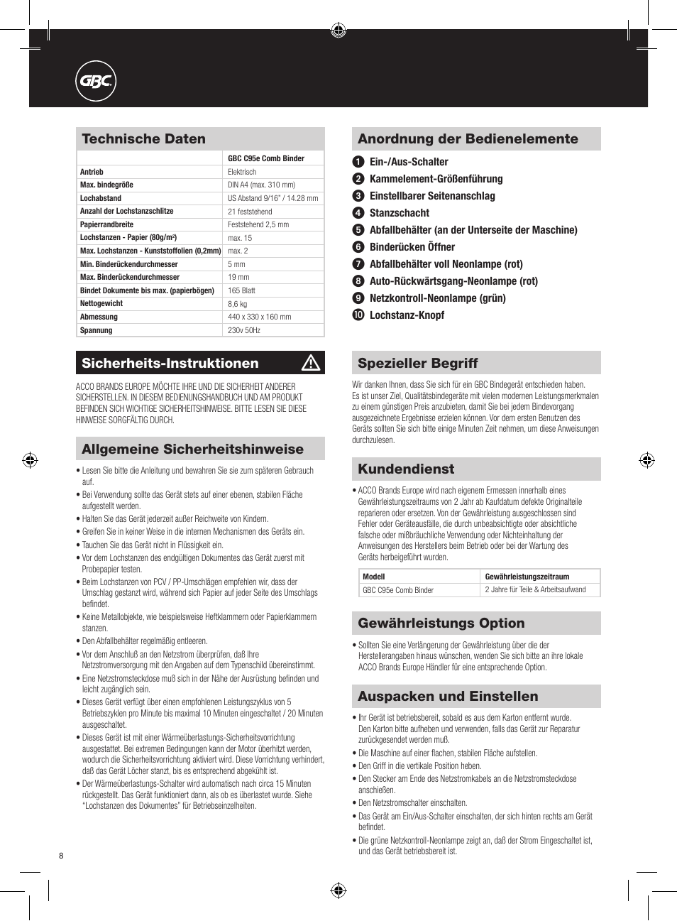 Auspacken und einstellen, Kundendienst, Gewährleistungs option | Anordnung der bedienelemente, Technische daten, Spezieller begriff, Sicherheits-instruktionen, Allgemeine sicherheitshinweise | GBC C95e Comb Binder User Manual | Page 8 / 38