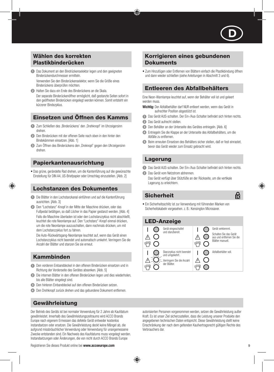 Papierkantenausrichtung, Wählen des korrekten plastikbinderücken, Kammbinden | Entleeren des abfallbehälters, Lagerung, Einsetzen und öffnen des kamms, Lochstanzen des dokumentes, Sicherheit, Korrigieren eines gebundenen dokuments, Led-anzeige | GBC C95e Comb Binder User Manual | Page 9 / 38