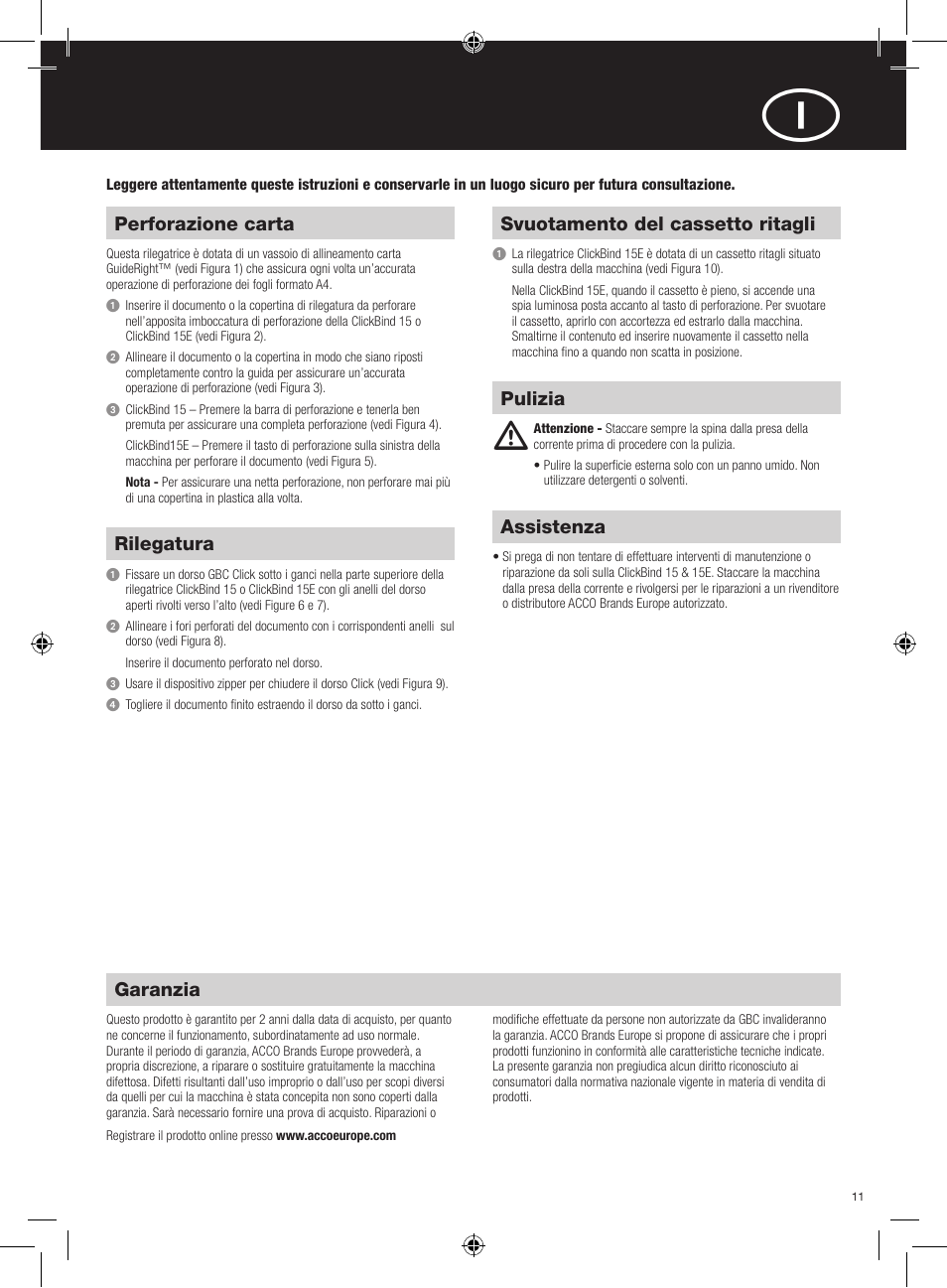 Perforazione carta, Rilegatura, Svuotamento del cassetto ritagli | Garanzia, Assistenza, Pulizia | GBC 15E ClickBind User Manual | Page 11 / 38