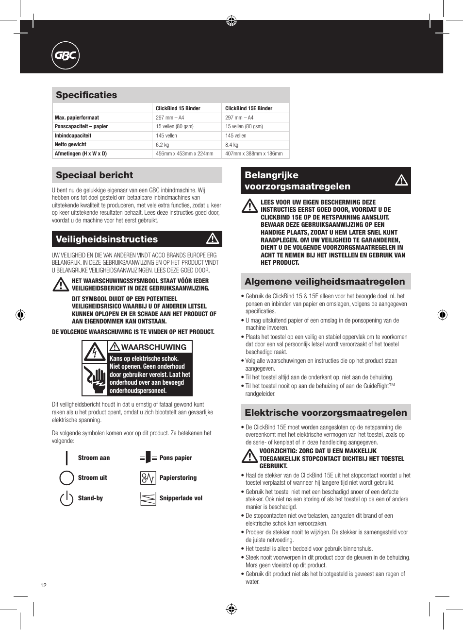 Specificaties, Speciaal bericht, Algemene veiligheidsmaatregelen | Belangrijke voorzorgsmaatregelen, Elektrische voorzorgsmaatregelen, Veiligheidsinstructies | GBC 15E ClickBind User Manual | Page 12 / 38