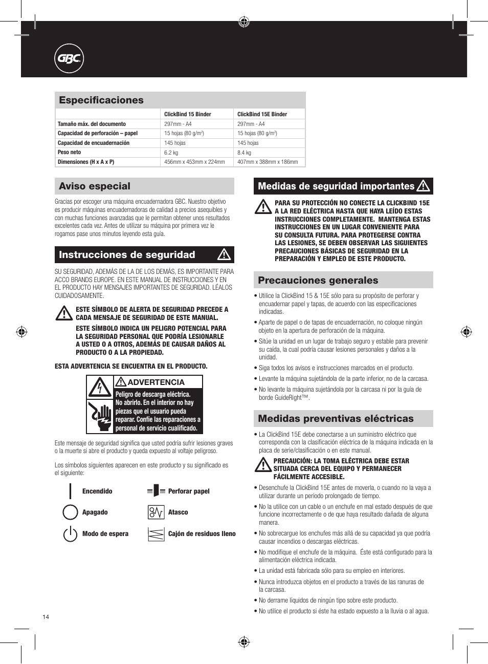 Especificaciones, Aviso especial, Precauciones generales | Medidas de seguridad importantes, Medidas preventivas eléctricas, Instrucciones de seguridad | GBC 15E ClickBind User Manual | Page 14 / 38