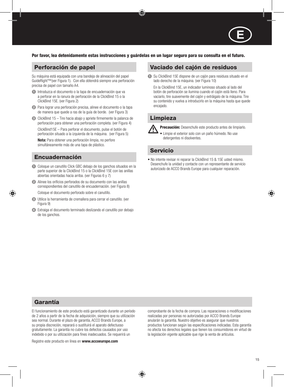 Perforación de papel, Encuadernación, Vaciado del cajón de residuos | Garantía, Servicio, Limpieza | GBC 15E ClickBind User Manual | Page 15 / 38