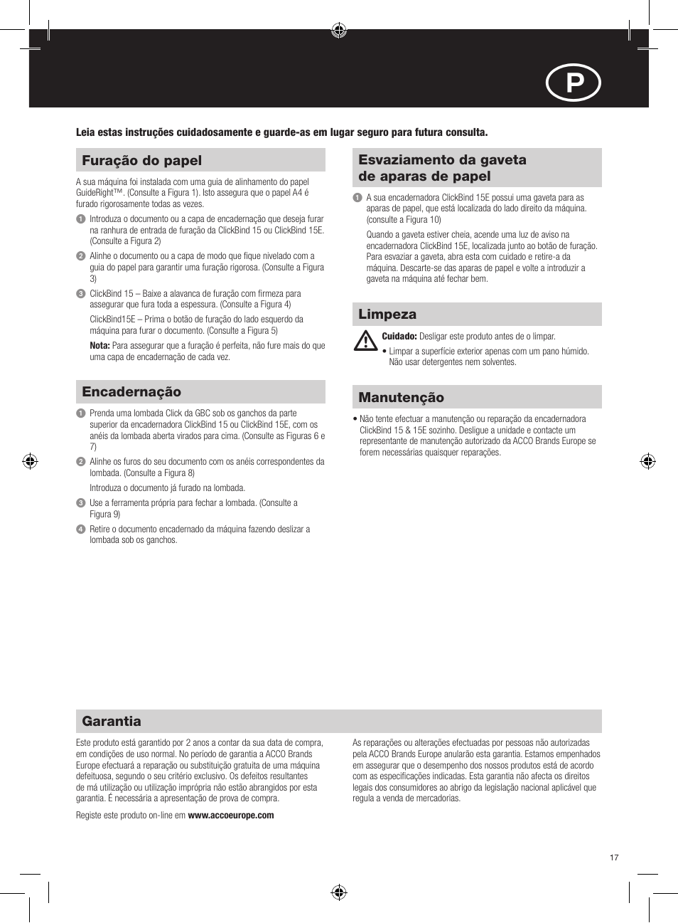 Furação do papel, Encadernação, Esvaziamento da gaveta de aparas de papel | Garantia, Manutenção, Limpeza | GBC 15E ClickBind User Manual | Page 17 / 38