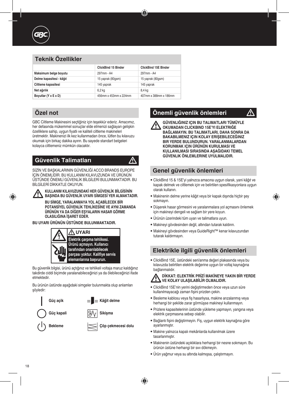 Teknik özellikler, Özel not, Genel güvenlik önlemleri | Önemli güvenlik önlemleri, Elektrikle ilgili güvenlik önlemleri, Güvenlik talimatları | GBC 15E ClickBind User Manual | Page 18 / 38