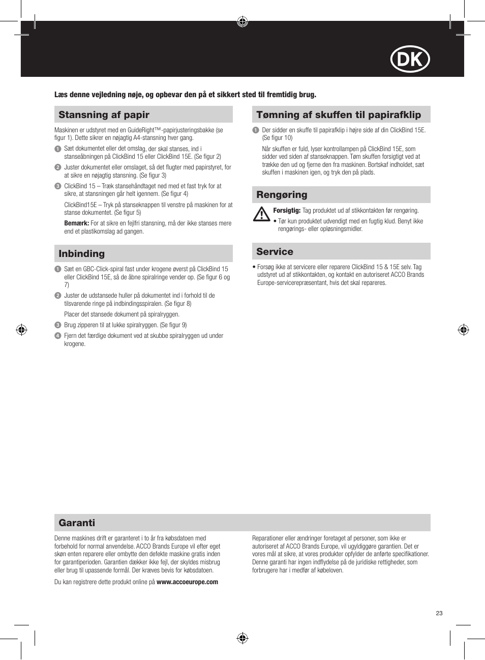 Stansning af papir, Inbinding, Tømning af skuffen til papirafklip | Garanti, Service, Rengøring | GBC 15E ClickBind User Manual | Page 23 / 38