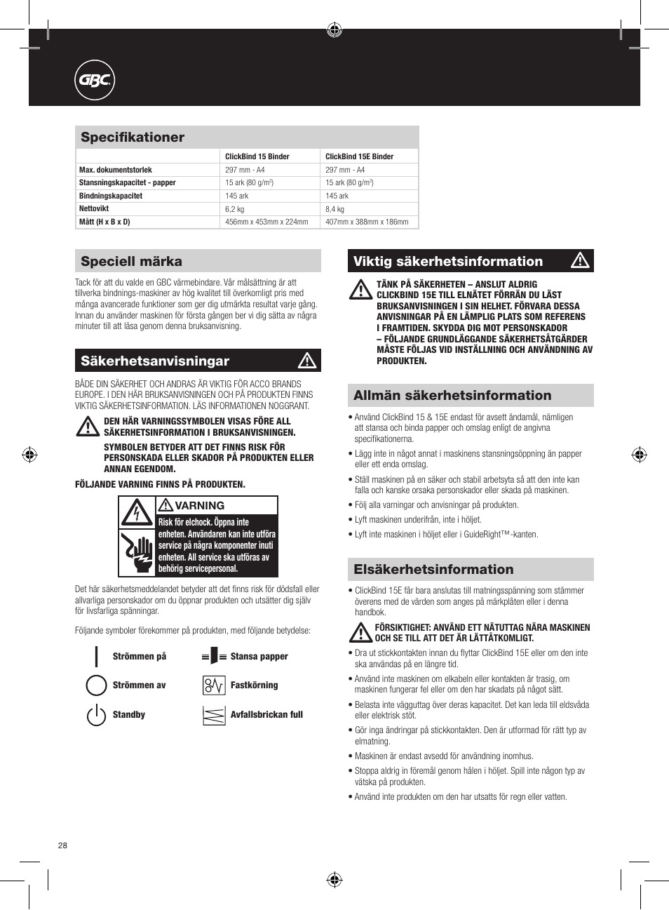 Specifikationer, Speciell märka, Allmän säkerhetsinformation | Viktig säkerhetsinformation, Elsäkerhetsinformation, Säkerhetsanvisningar | GBC 15E ClickBind User Manual | Page 28 / 38