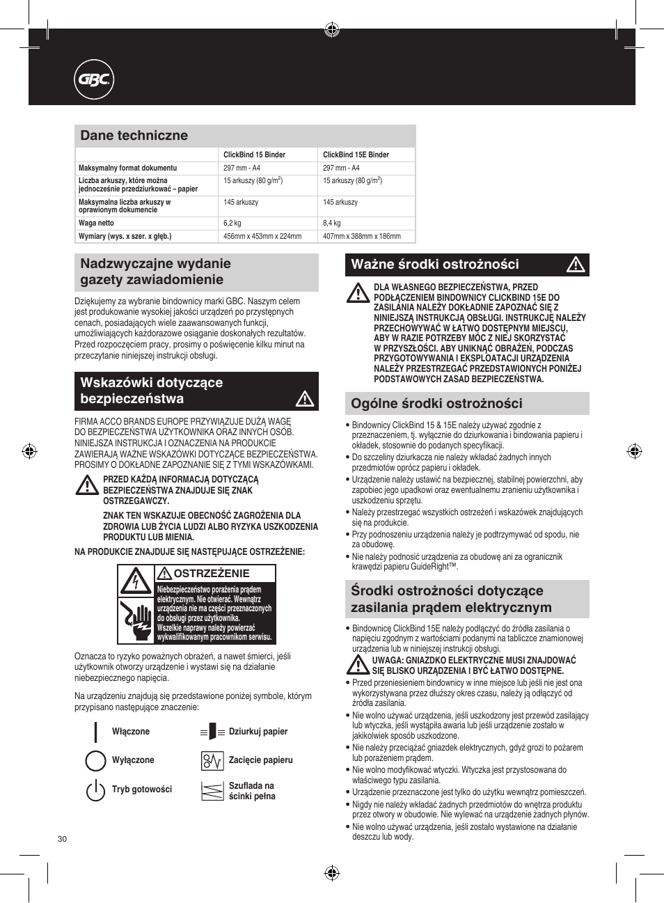 Dane techniczne, Ważne środki ostrożności, Wskazówki dotyczące bezpieczeństwa | GBC 15E ClickBind User Manual | Page 30 / 38