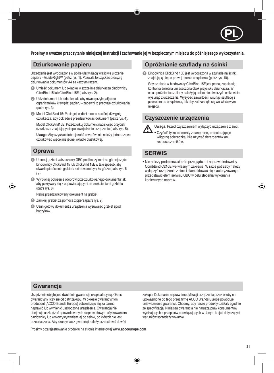 Dziurkowanie papieru, Oprawa, Opróżnianie szuflady na ścinki | Gwarancja, Serwis, Czyszczenie urządzenia | GBC 15E ClickBind User Manual | Page 31 / 38