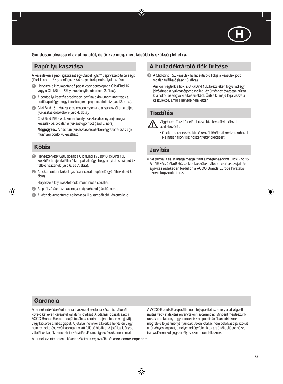 Papír lyukasztása, Kötés, A hulladéktároló fiók ürítése | Garancia, Javítás, Tisztítás | GBC 15E ClickBind User Manual | Page 35 / 38