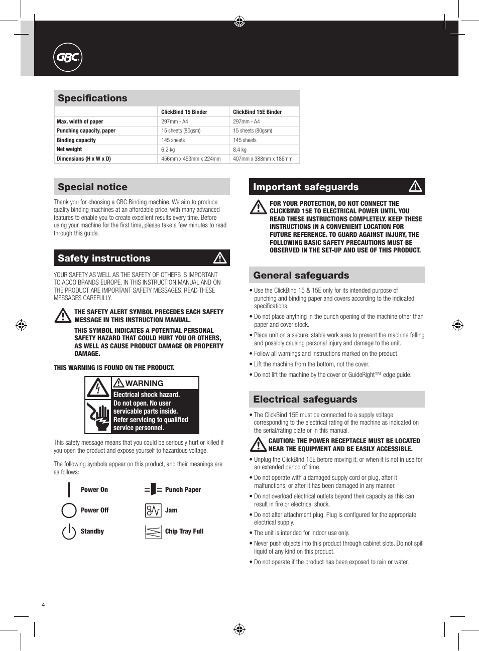 GBC 15E ClickBind User Manual | Page 4 / 38