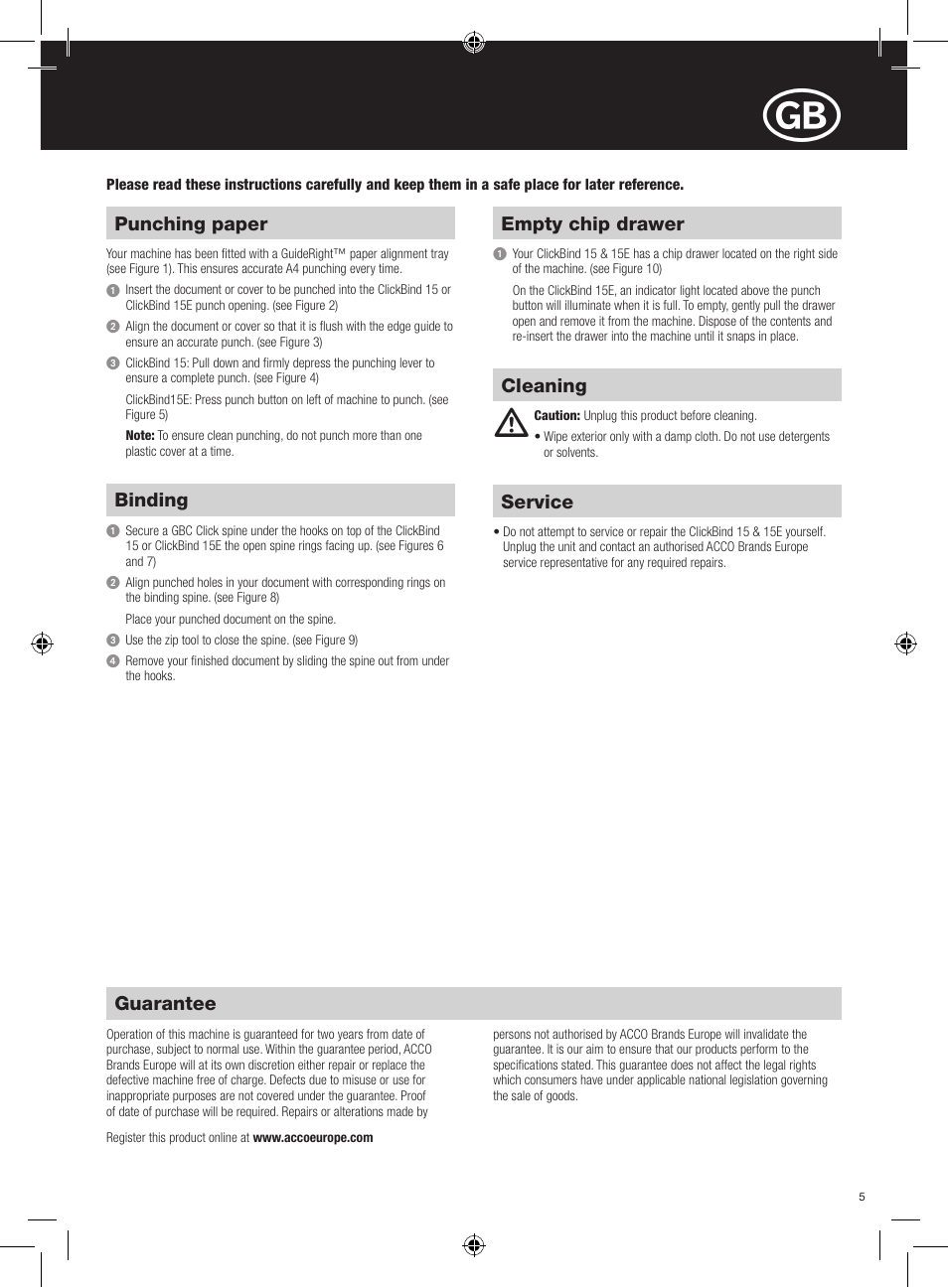 Guarantee, Punching paper, Service | Cleaning binding, Empty chip drawer | GBC 15E ClickBind User Manual | Page 5 / 38