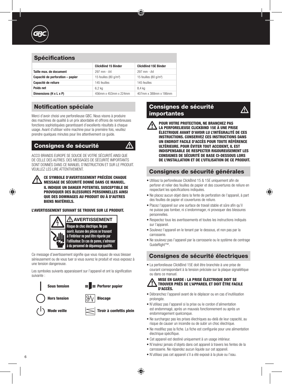 Spécifications, Notification spéciale, Consignes de sécurité générales | Consignes de sécurité électriques, Consignes de sécurité importantes, Consignes de sécurité | GBC 15E ClickBind User Manual | Page 6 / 38