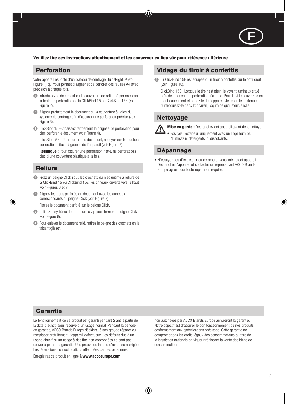 Perforation, Reliure, Vidage du tiroir à confettis | Garantie, Dépannage, Nettoyage | GBC 15E ClickBind User Manual | Page 7 / 38