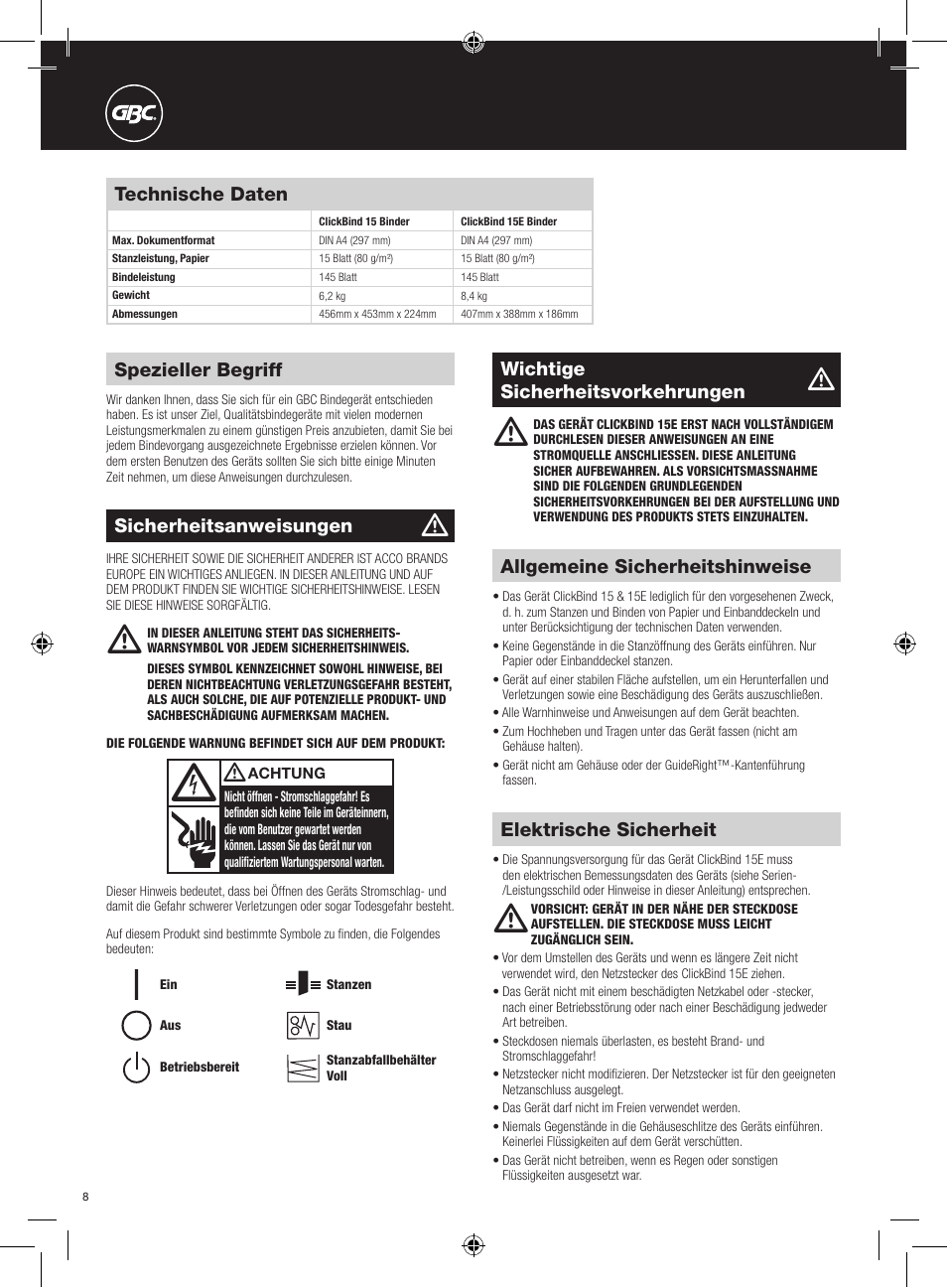 Technische daten, Allgemeine sicherheitshinweise, Wichtige sicherheitsvorkehrungen | Elektrische sicherheit, Spezieller begriff, Sicherheitsanweisungen | GBC 15E ClickBind User Manual | Page 8 / 38