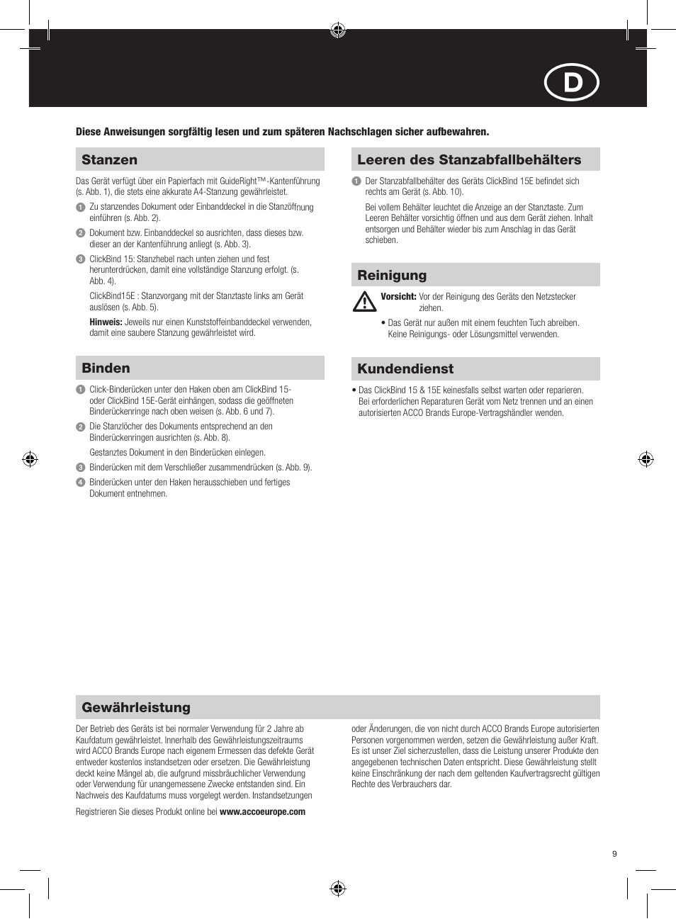 Stanzen, Binden, Leeren des stanzabfallbehälters | Gewährleistung, Kundendienst, Reinigung | GBC 15E ClickBind User Manual | Page 9 / 38