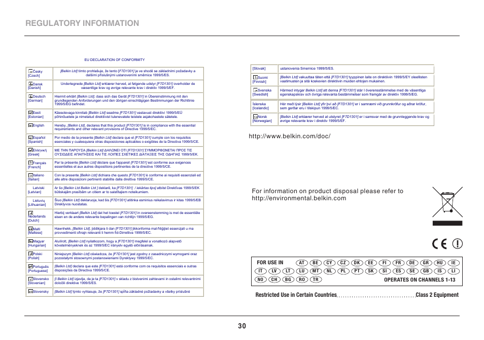 Regulatory information | Belkin SURF N 15 N150 User Manual | Page 30 / 31