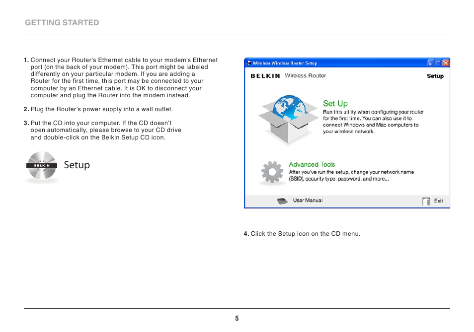 Setup | Belkin SURF N 15 N150 User Manual | Page 5 / 31