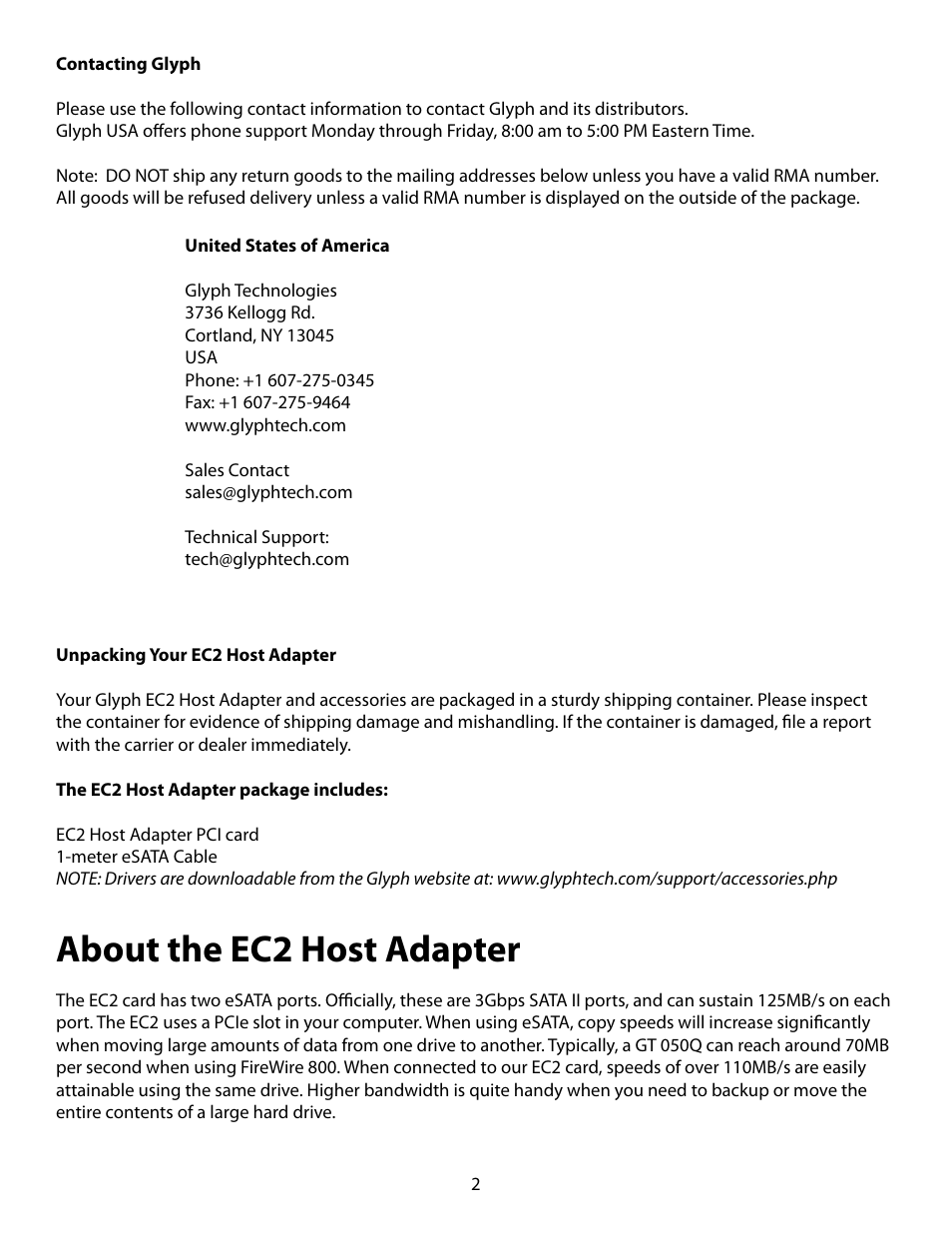 About the ec2 host adapter | Glyph EC2 - 2 Port eSATA Card User Manual | Page 2 / 5