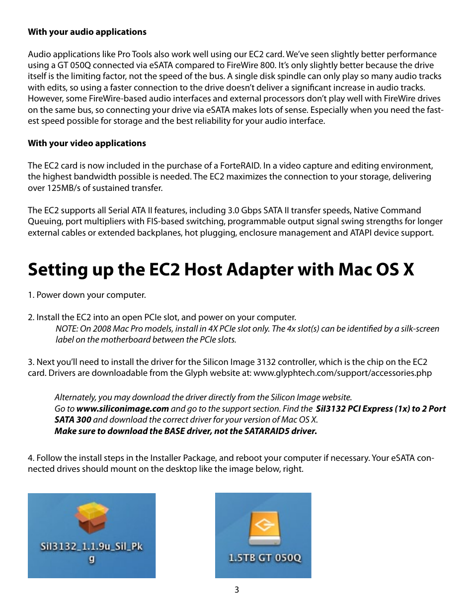 Setting up the ec2 host adapter with mac os x | Glyph EC2 - 2 Port eSATA Card User Manual | Page 3 / 5