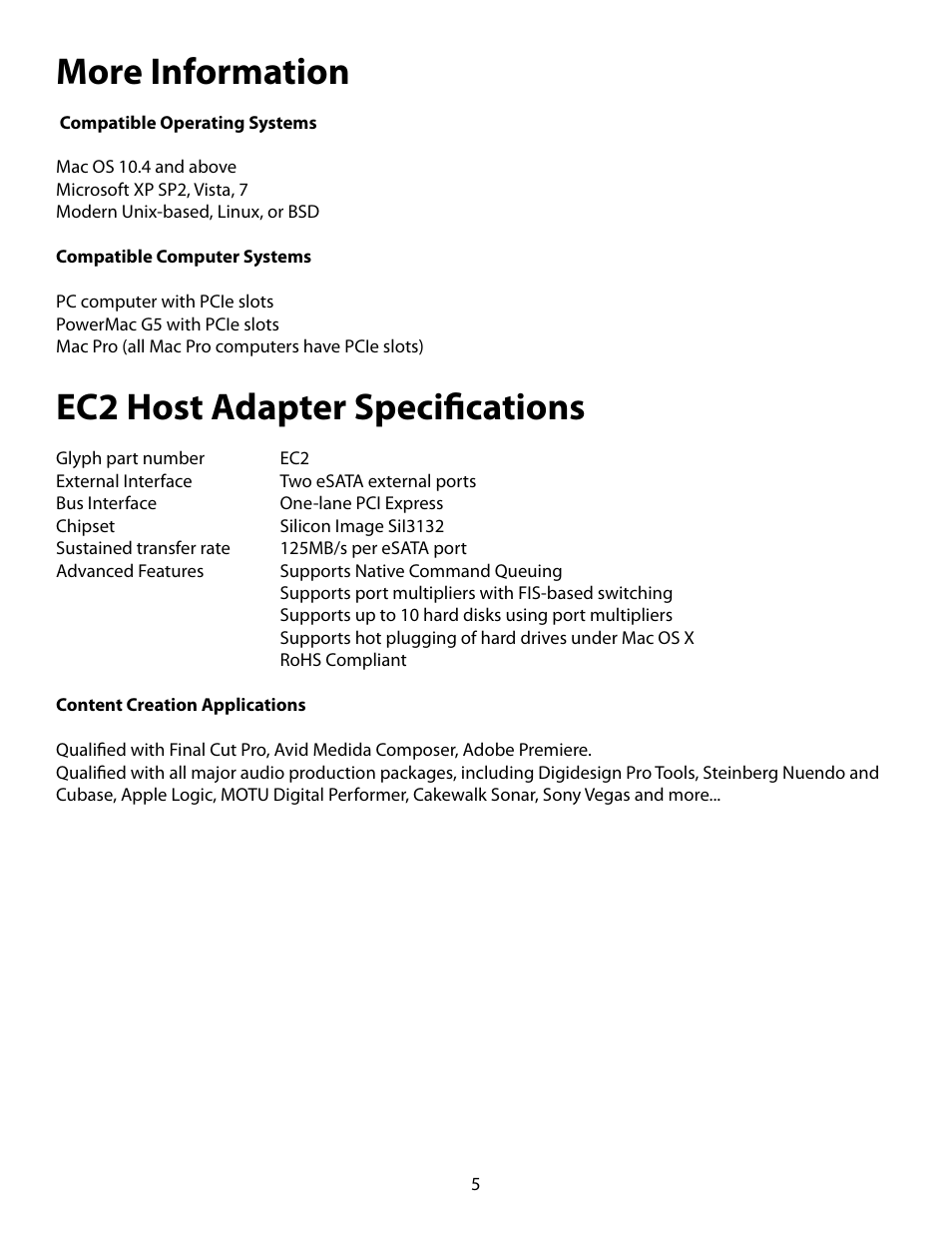 More information, Ec2 host adapter specifications | Glyph EC2 - 2 Port eSATA Card User Manual | Page 5 / 5