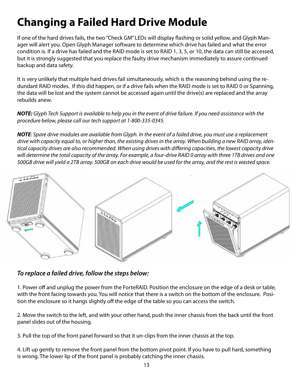 Changing a failed hard drive module | Glyph ForteRAID User Manual | Page 13 / 20