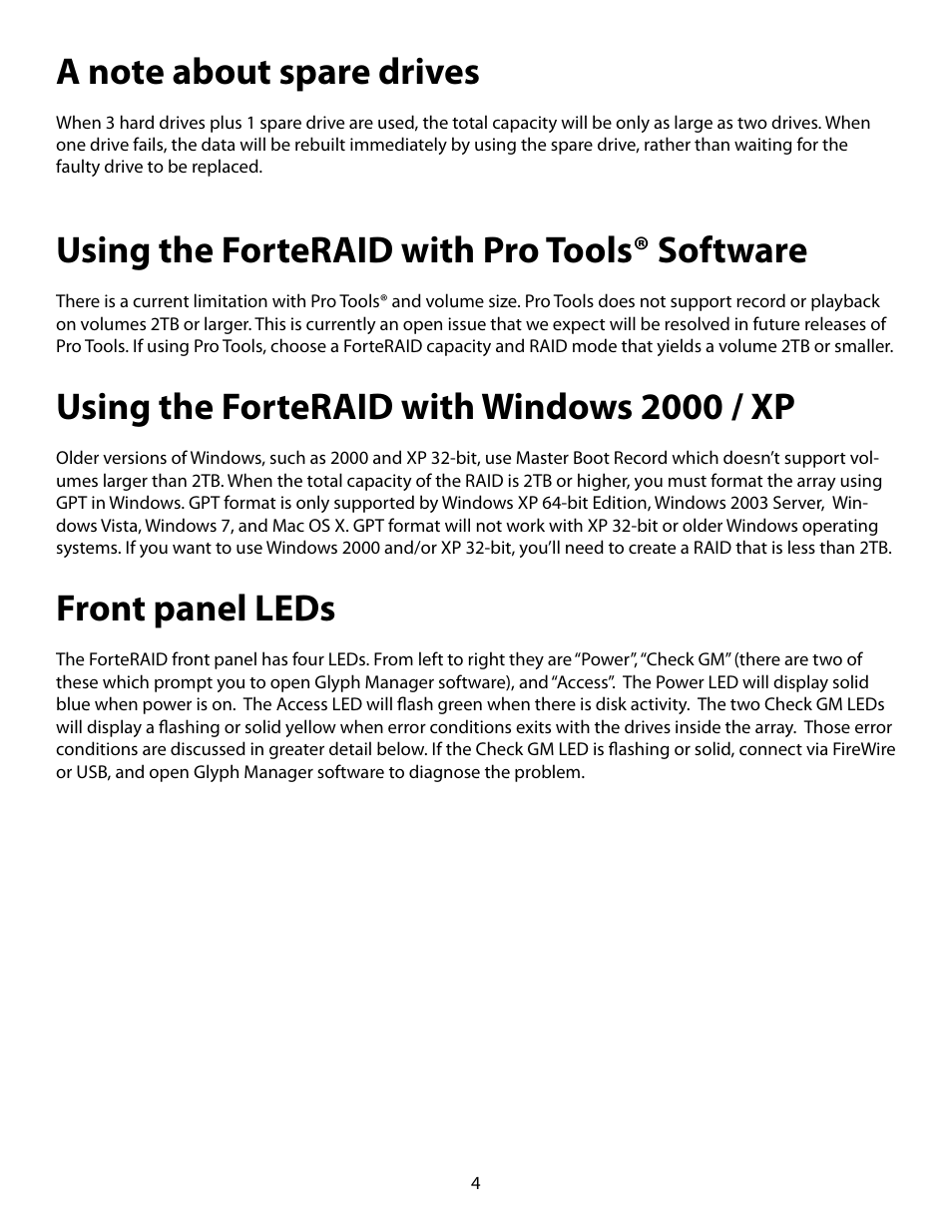 Using the forteraid with pro tools® software, Using the forteraid with windows 2000 / xp, Front panel leds | Glyph ForteRAID User Manual | Page 4 / 20