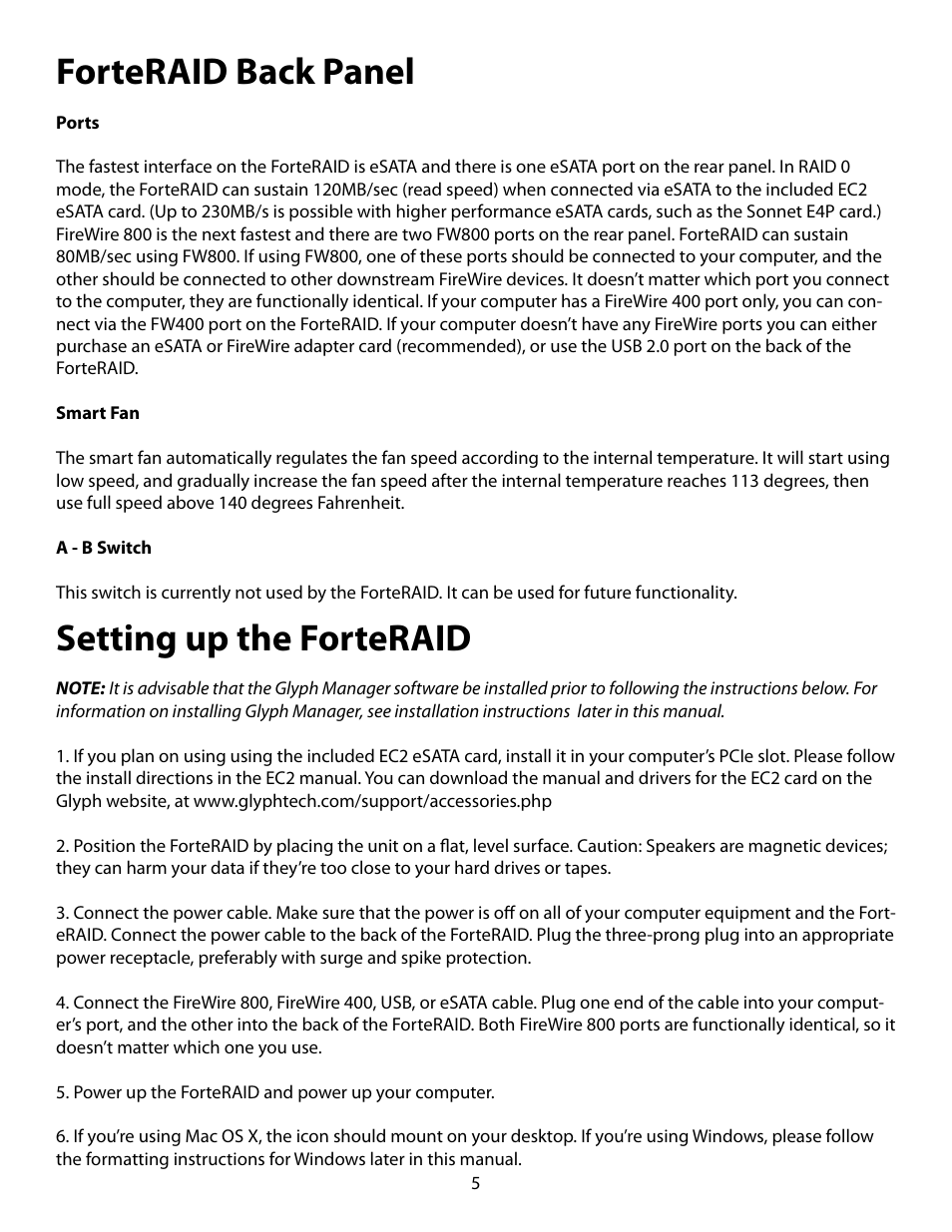 Forteraid back panel, Setting up the forteraid | Glyph ForteRAID User Manual | Page 5 / 20