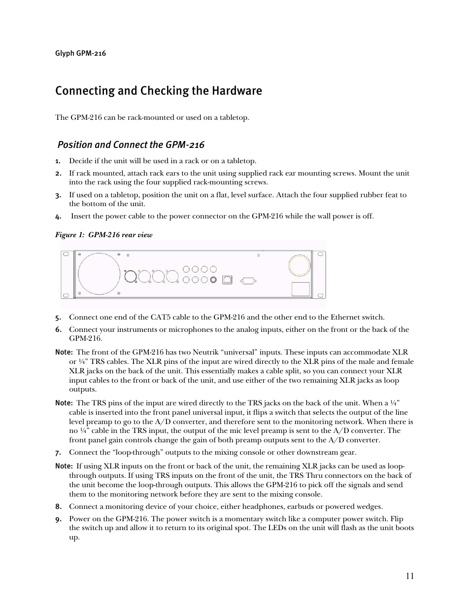 Connecting and checking the hardware, Position and connect the gpm-216 | Glyph GPM-216 User Manual | Page 11 / 46