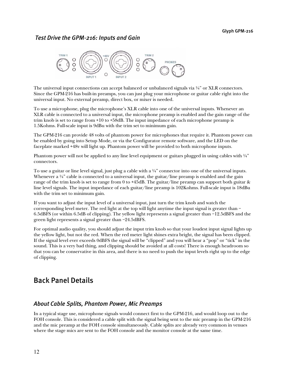 Back panel details, Test drive the gpm-216: inputs and gain, About cable splits, phantom power, mic preamps | Glyph GPM-216 User Manual | Page 12 / 46