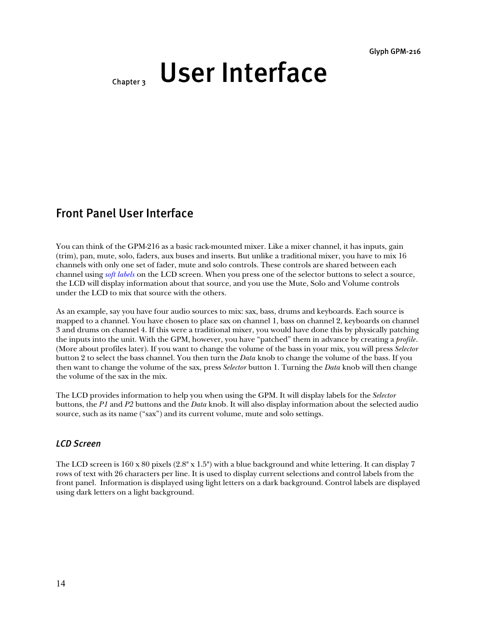 User interface, Front panel user interface | Glyph GPM-216 User Manual | Page 14 / 46