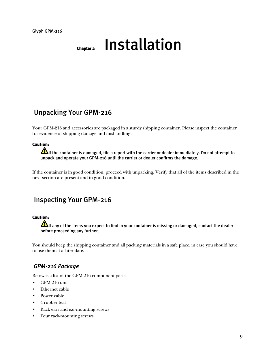 Installation, Unpacking your gpm-216, Inspecting your gpm-216 | Glyph GPM-216 User Manual | Page 9 / 46
