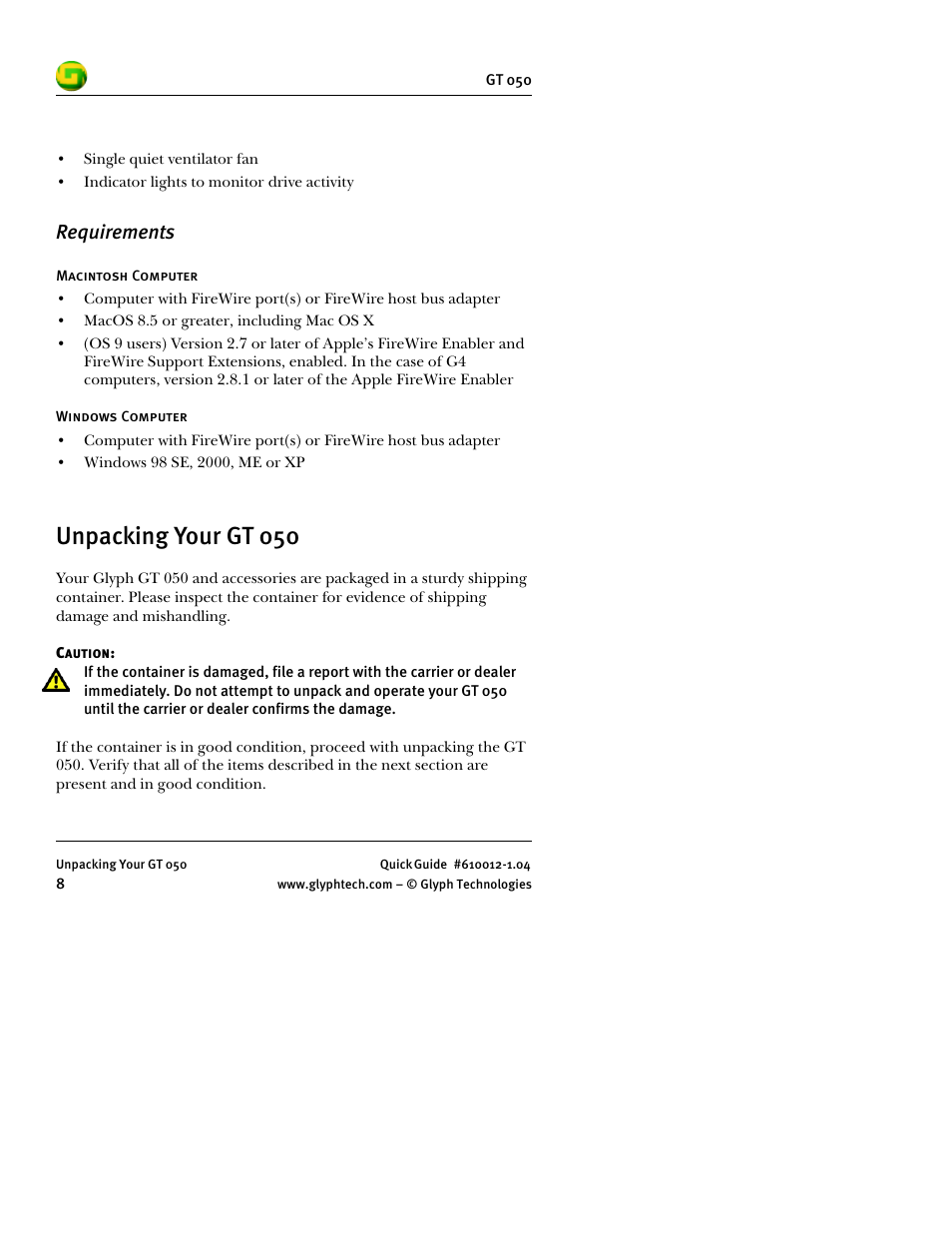 Requirements, Unpacking your gt 050 | Glyph GT 050 User Manual | Page 10 / 26