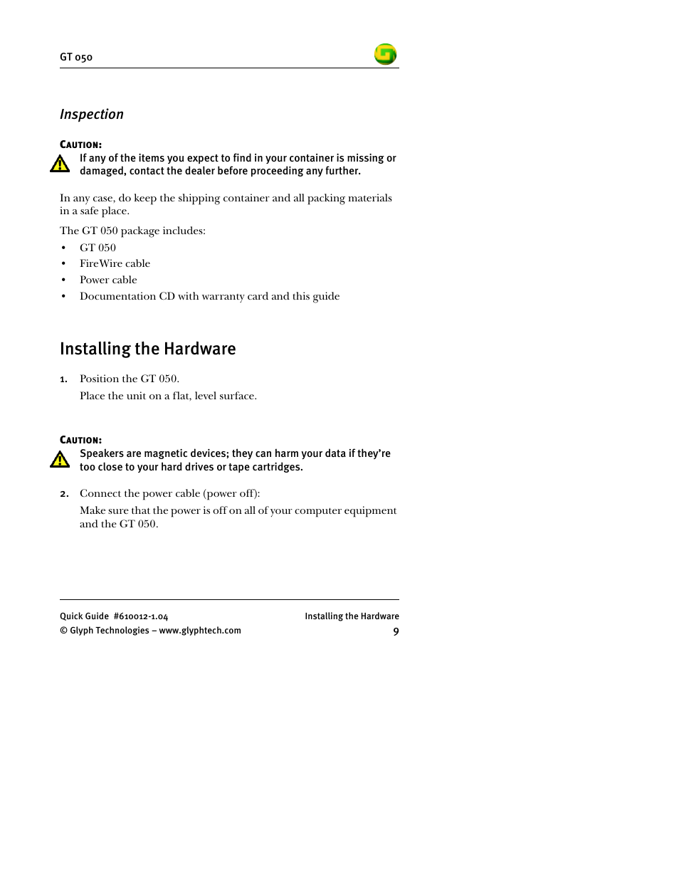 Inspection, Installing the hardware | Glyph GT 050 User Manual | Page 11 / 26