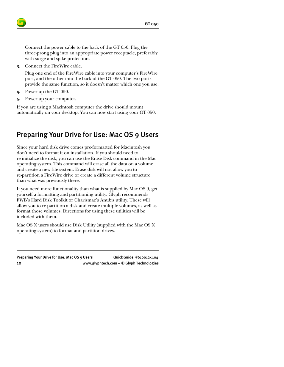 Preparing your drive for use: mac os 9 users | Glyph GT 050 User Manual | Page 12 / 26