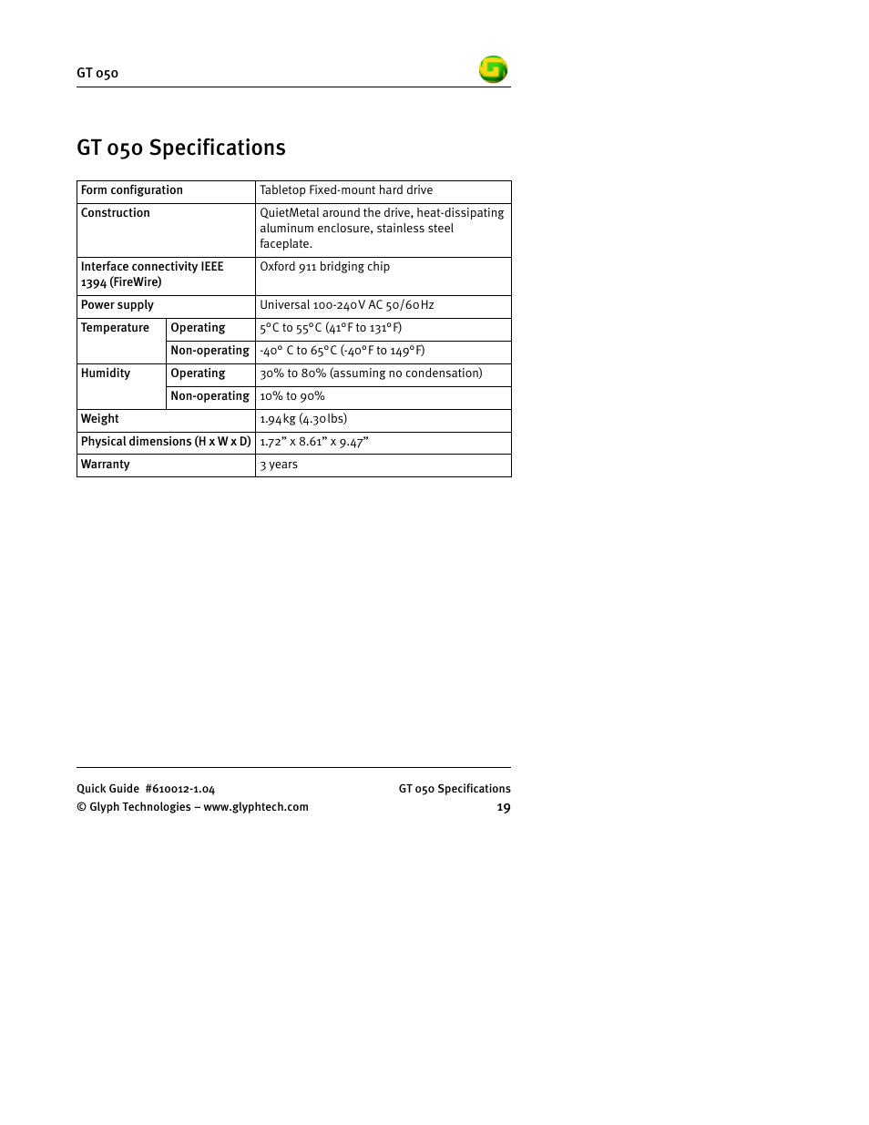 Gt 050 specifications | Glyph GT 050 User Manual | Page 21 / 26