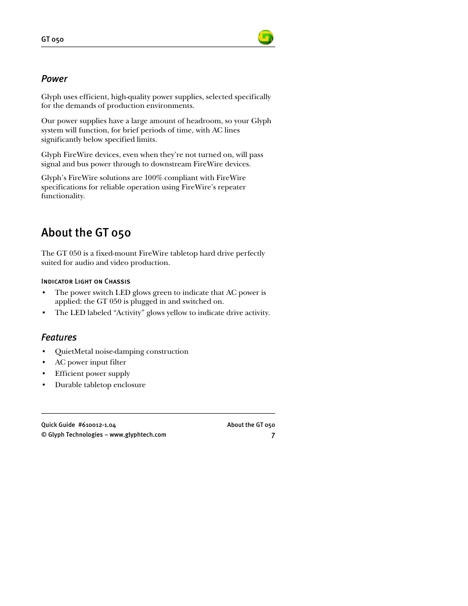 Power, About the gt 050, Features | Glyph GT 050 User Manual | Page 9 / 26